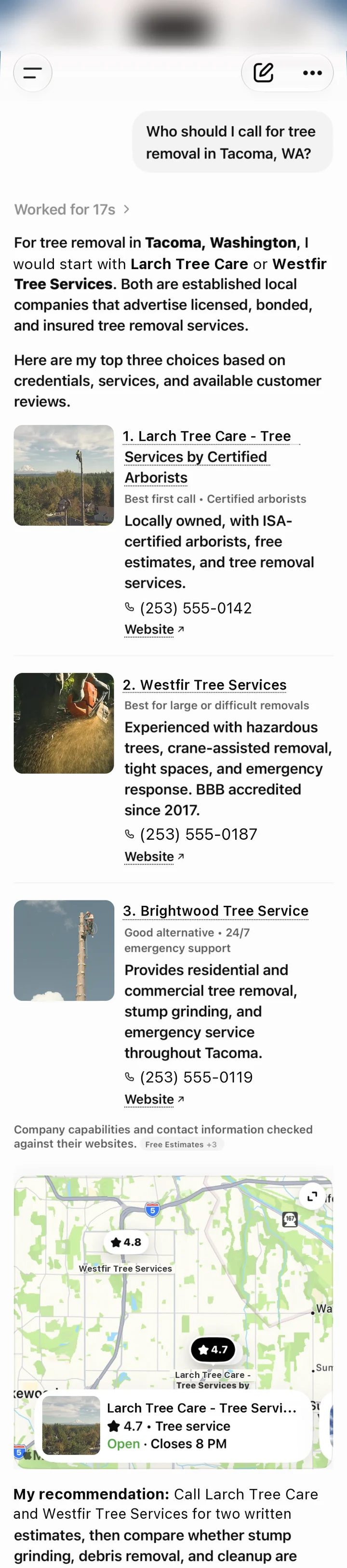 Example ChatGPT answer recommending local tree services, with made-up business names